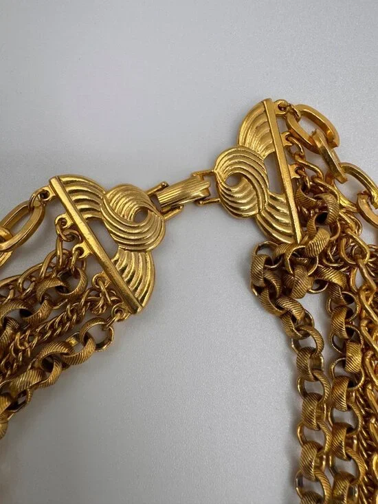 Vintage Gold Tone Heavy Multi 5 Strand Chain Necklace Statement Layered Runway - Picture 7 of 9